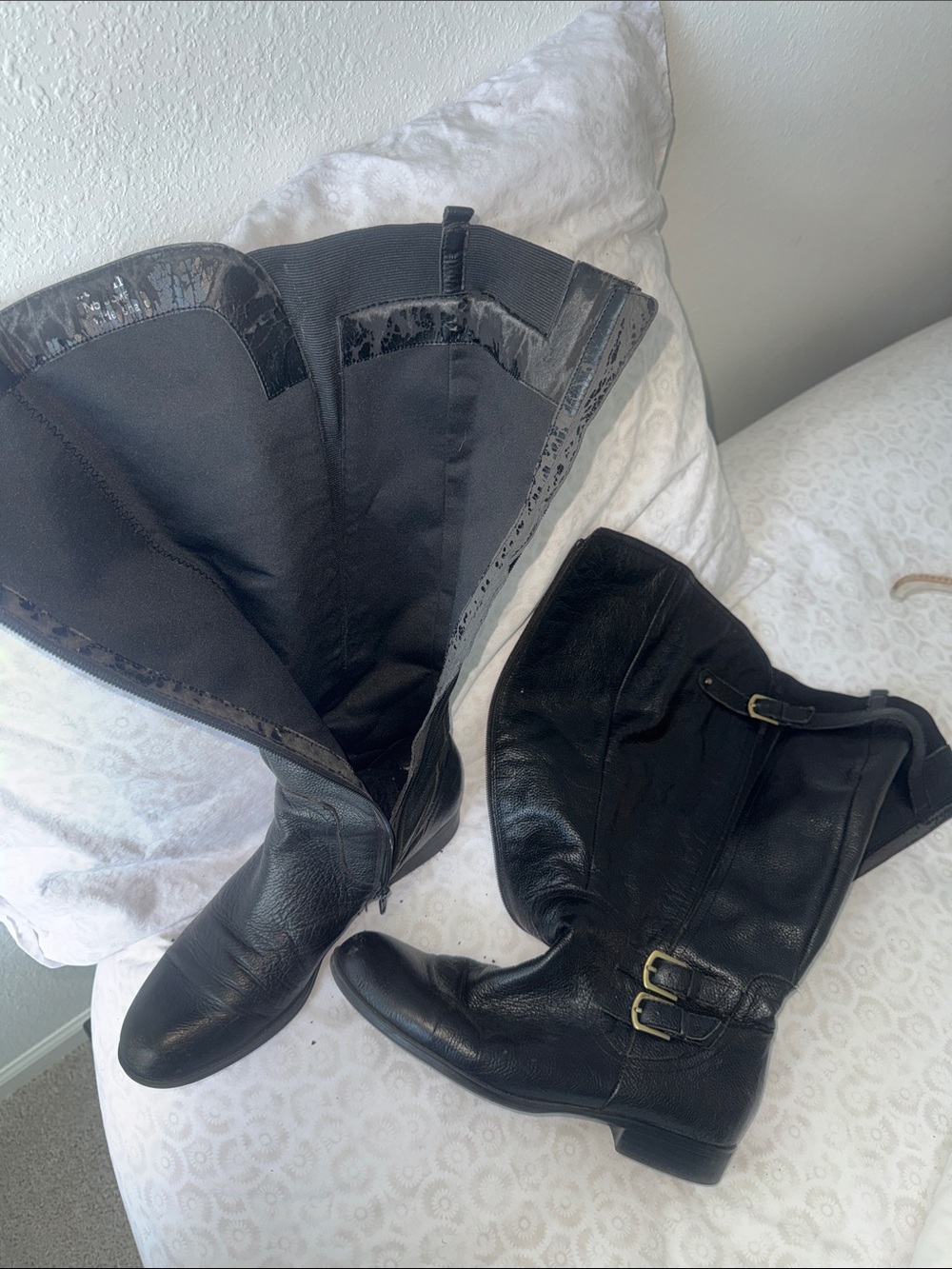 Naturalizer Black Leather Wide Calf Boots with Gold Hardware - Picture 10 of 11